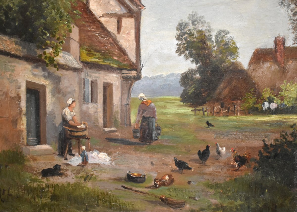 Karel. Painting: Lively Farmyard Scene,   Farmyard, Poultry, And People, Countryside.-photo-1