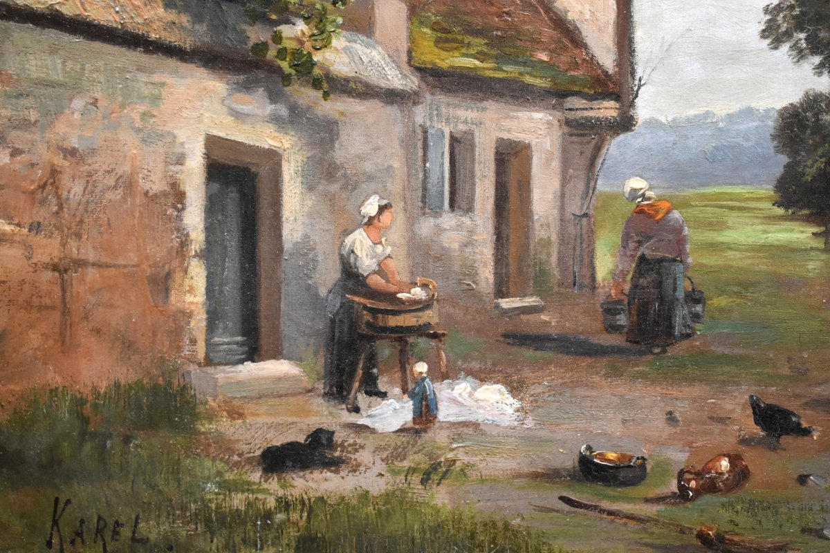 Karel. Painting: Lively Farmyard Scene,   Farmyard, Poultry, And People, Countryside.-photo-2
