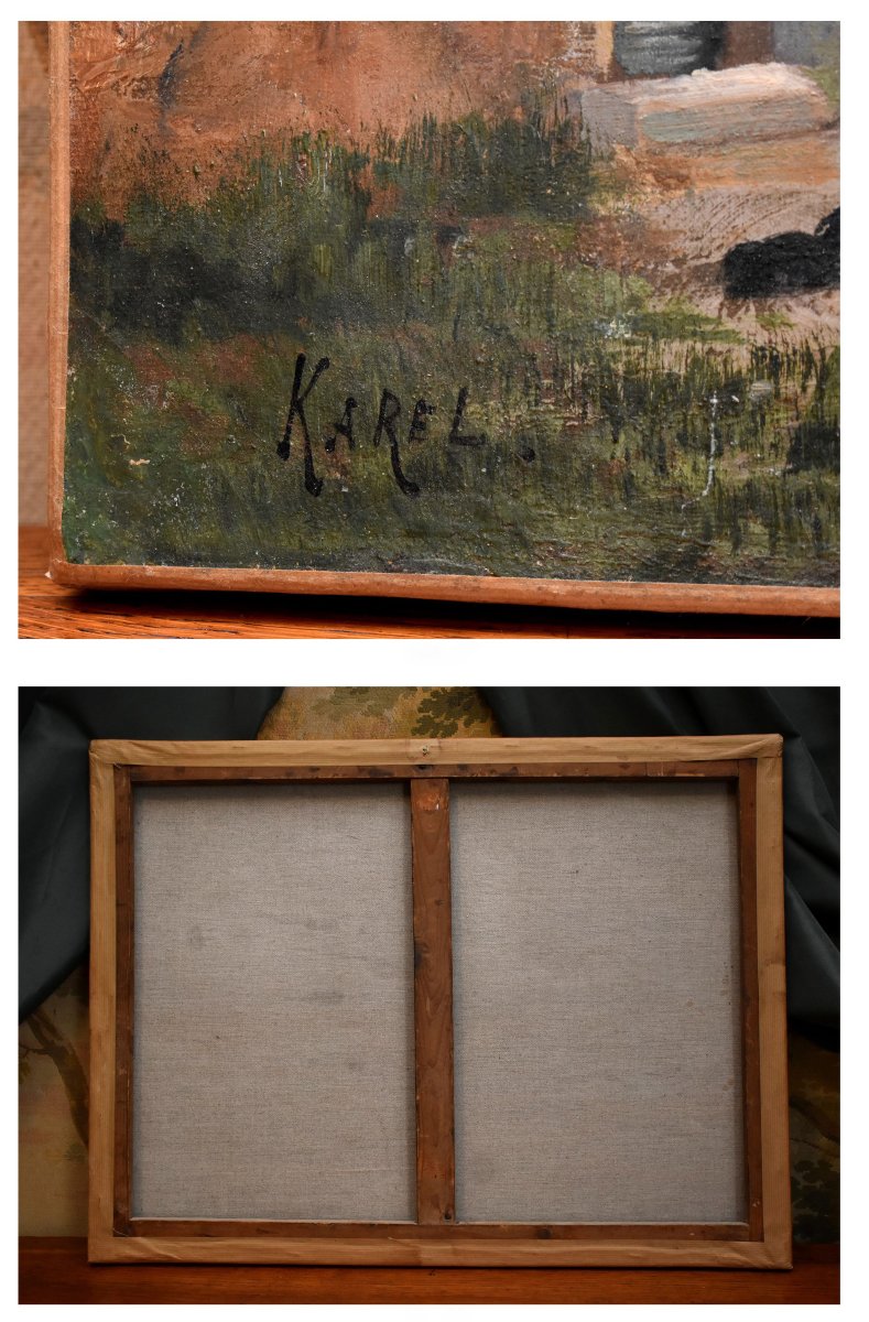 Karel. Painting: Lively Farmyard Scene,   Farmyard, Poultry, And People, Countryside.-photo-8