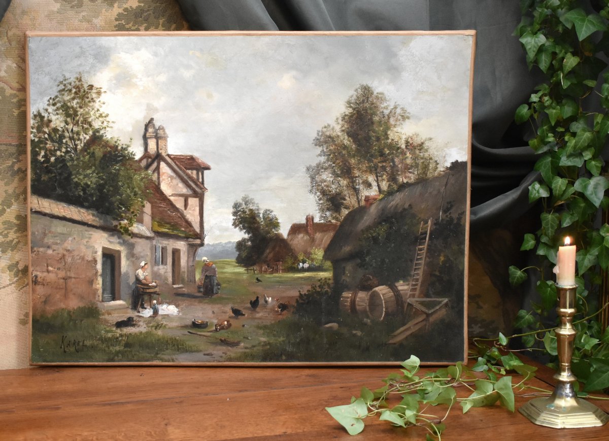 Karel. Painting: Lively Farmyard Scene,   Farmyard, Poultry, And People, Countryside.