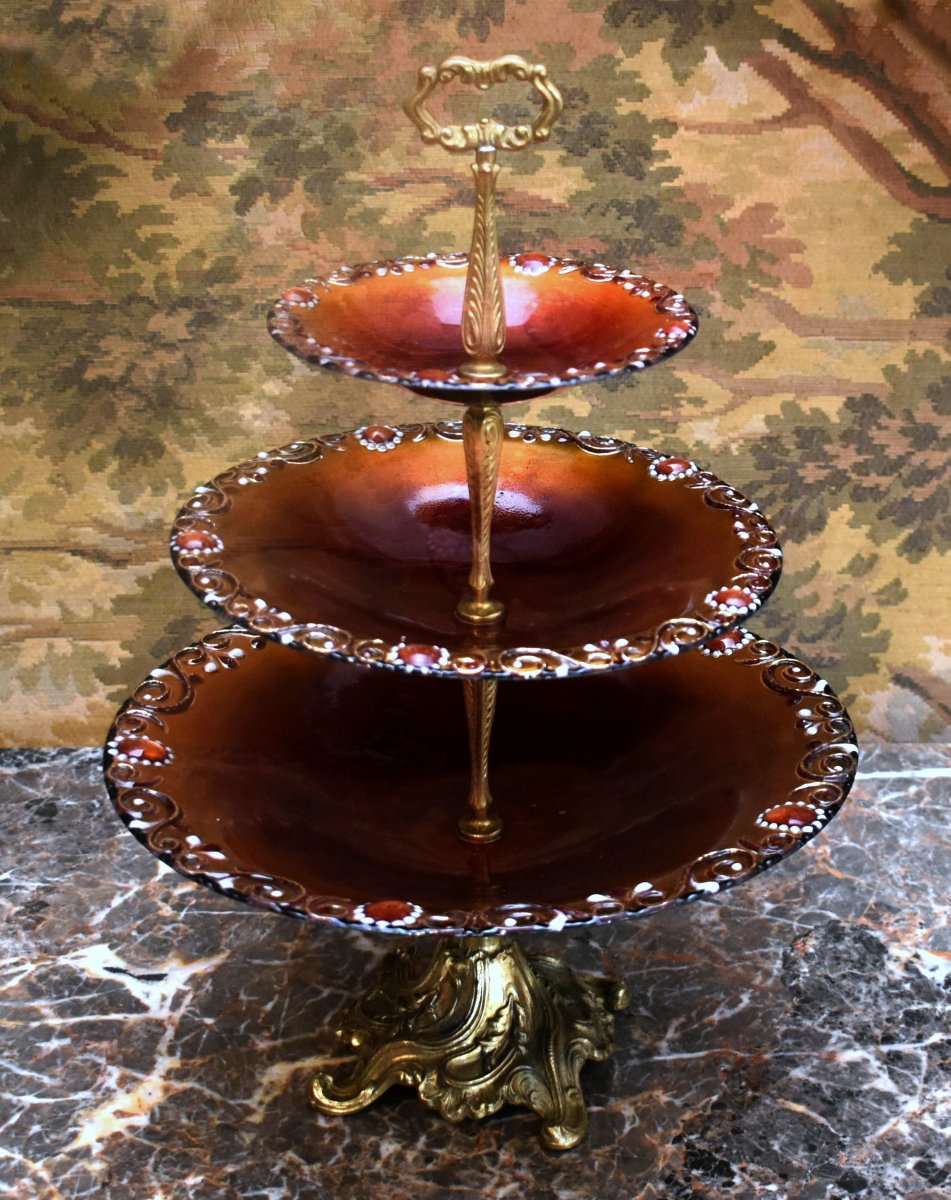 R. Bonhomme Limoges, Enamel Centerpiece, 3 Limoges Enamel Candy Bowls-photo-2