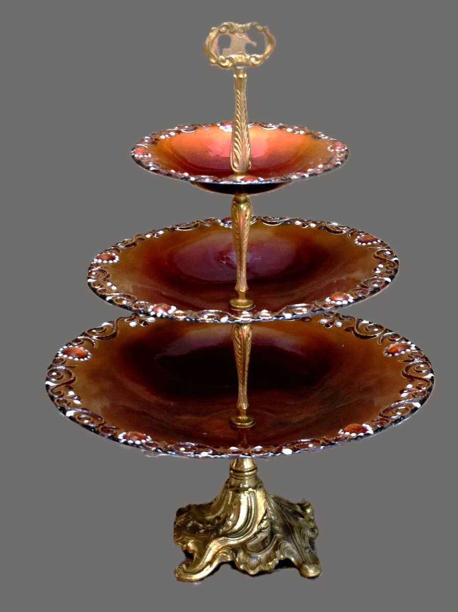 R. Bonhomme Limoges, Enamel Centerpiece, 3 Limoges Enamel Candy Bowls