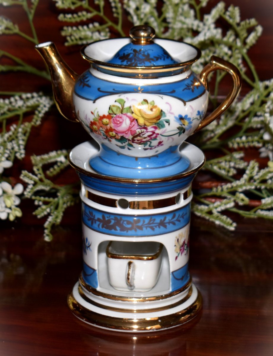 Veilleuse - Tisanière En Porcelaine à Décor de  Bouquets De Fleurs Entièrement Peint à La Main,-photo-2