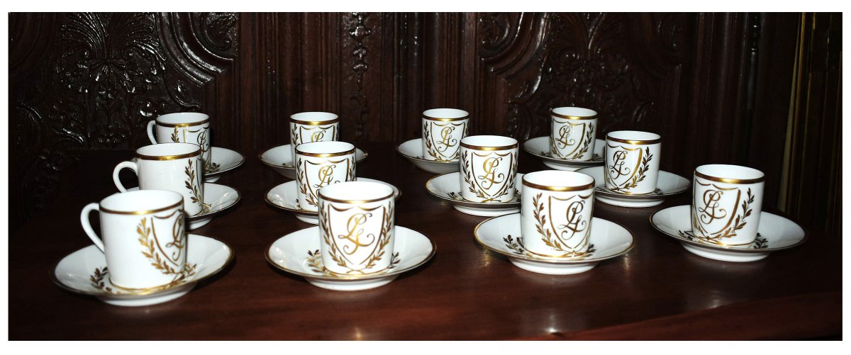 Limoges Porcelain Coffee Set With Laurel Decoration And Lg Monogram, Empire Style.-photo-1