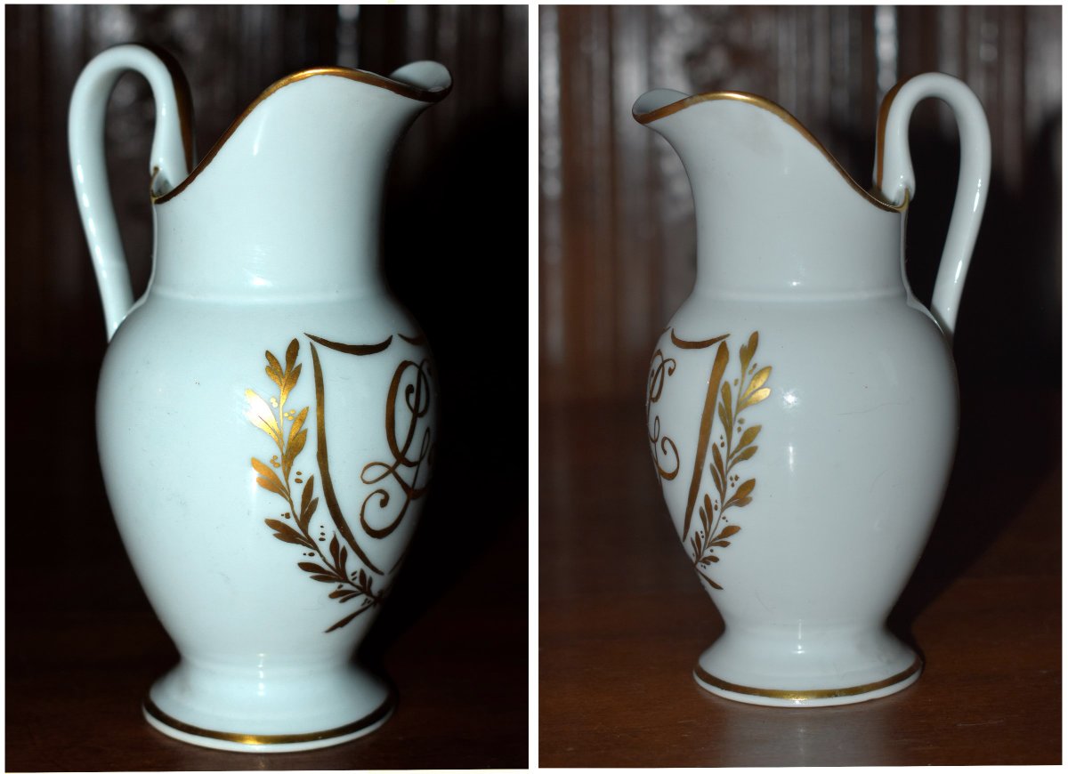 Limoges Porcelain Coffee Set With Laurel Decoration And Lg Monogram, Empire Style.-photo-4