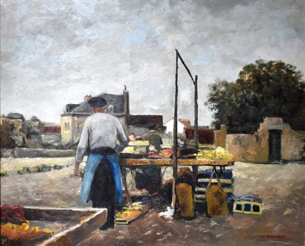 Louis Peyrat ( 1911-1999 ). Vue Petit Marché à Limoges. scène animée maraicher à son étalage   -photo-2