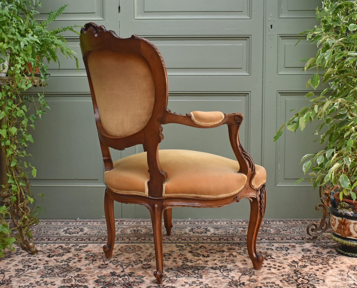Fauteuil Cabriolet De Style Louis XV Rocaille En Noyer, Tissu Velours Vieil Or, fin XIXème -photo-3