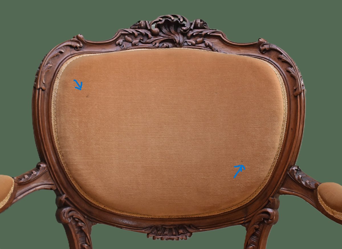 Fauteuil Cabriolet De Style Louis XV Rocaille En Noyer, Tissu Velours Vieil Or, fin XIXème -photo-2