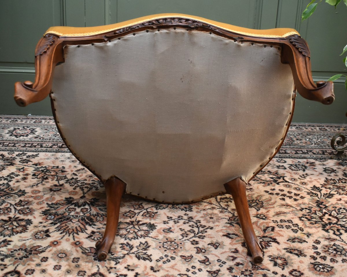Fauteuil Cabriolet De Style Louis XV Rocaille En Noyer, Tissu Velours Vieil Or, fin XIXème -photo-8