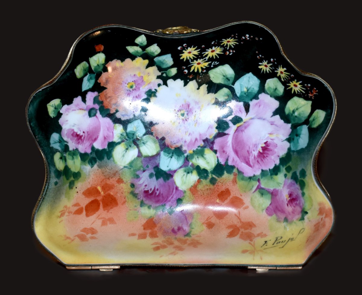 F. Poujol, Large Gift Set, Limoges Porcelain Box, Hand-painted Floral-decorated Candy Box-photo-3