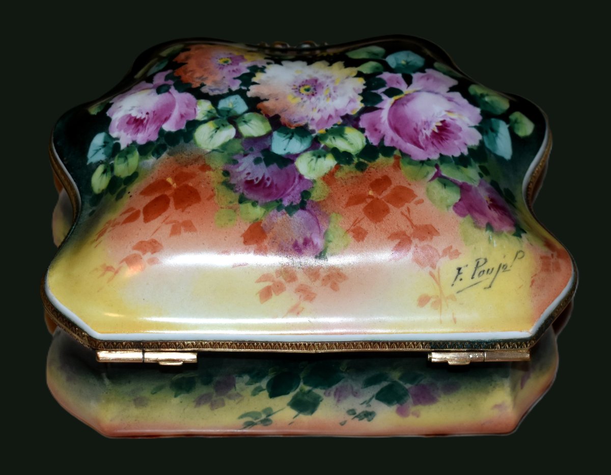 F. Poujol, Large Gift Set, Limoges Porcelain Box, Hand-painted Floral-decorated Candy Box-photo-4