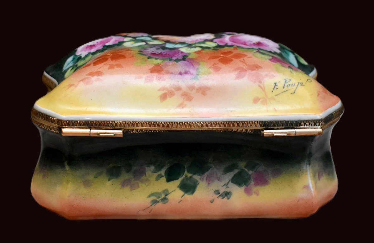 F. Poujol, Large Gift Set, Limoges Porcelain Box, Hand-painted Floral-decorated Candy Box-photo-6