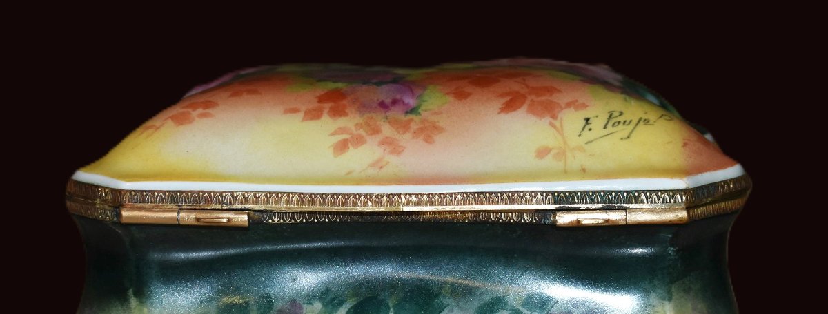 F. Poujol, Large Gift Set, Limoges Porcelain Box, Hand-painted Floral-decorated Candy Box-photo-7