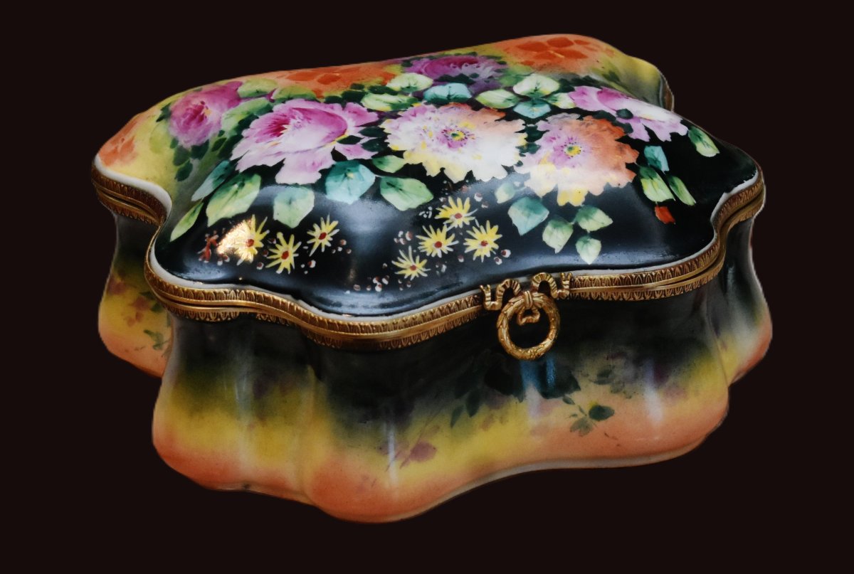 F. Poujol, Large Gift Set, Limoges Porcelain Box, Hand-painted Floral-decorated Candy Box