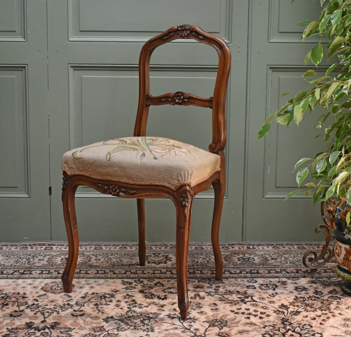 Chaise de Style Louis XV en Noyer , Tissu aux petits points, siège de salon ou chambre fin XIXe-photo-2