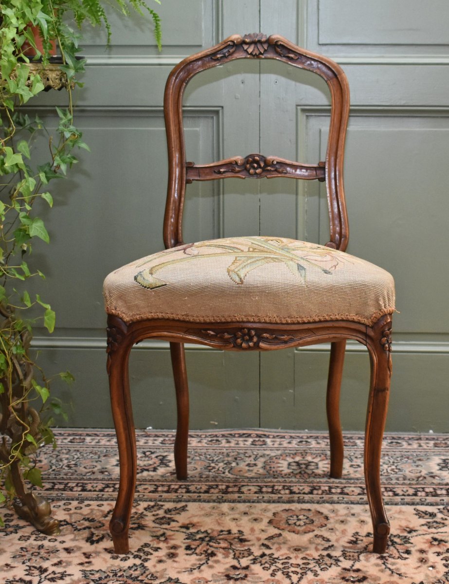 Chaise de Style Louis XV en Noyer , Tissu aux petits points, siège de salon ou chambre fin XIXe-photo-4