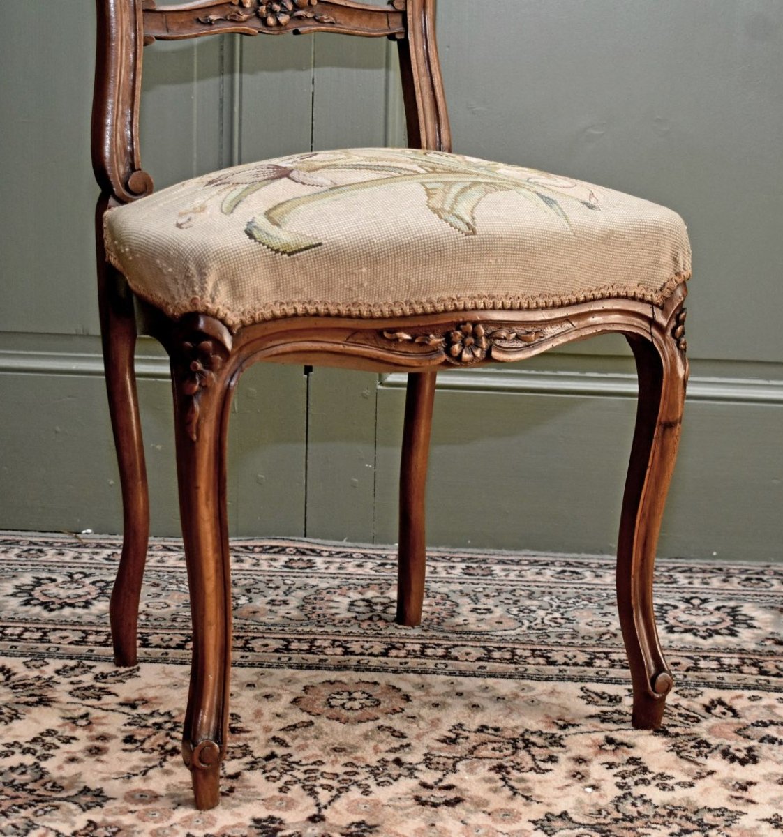 Chaise de Style Louis XV en Noyer , Tissu aux petits points, siège de salon ou chambre fin XIXe-photo-4