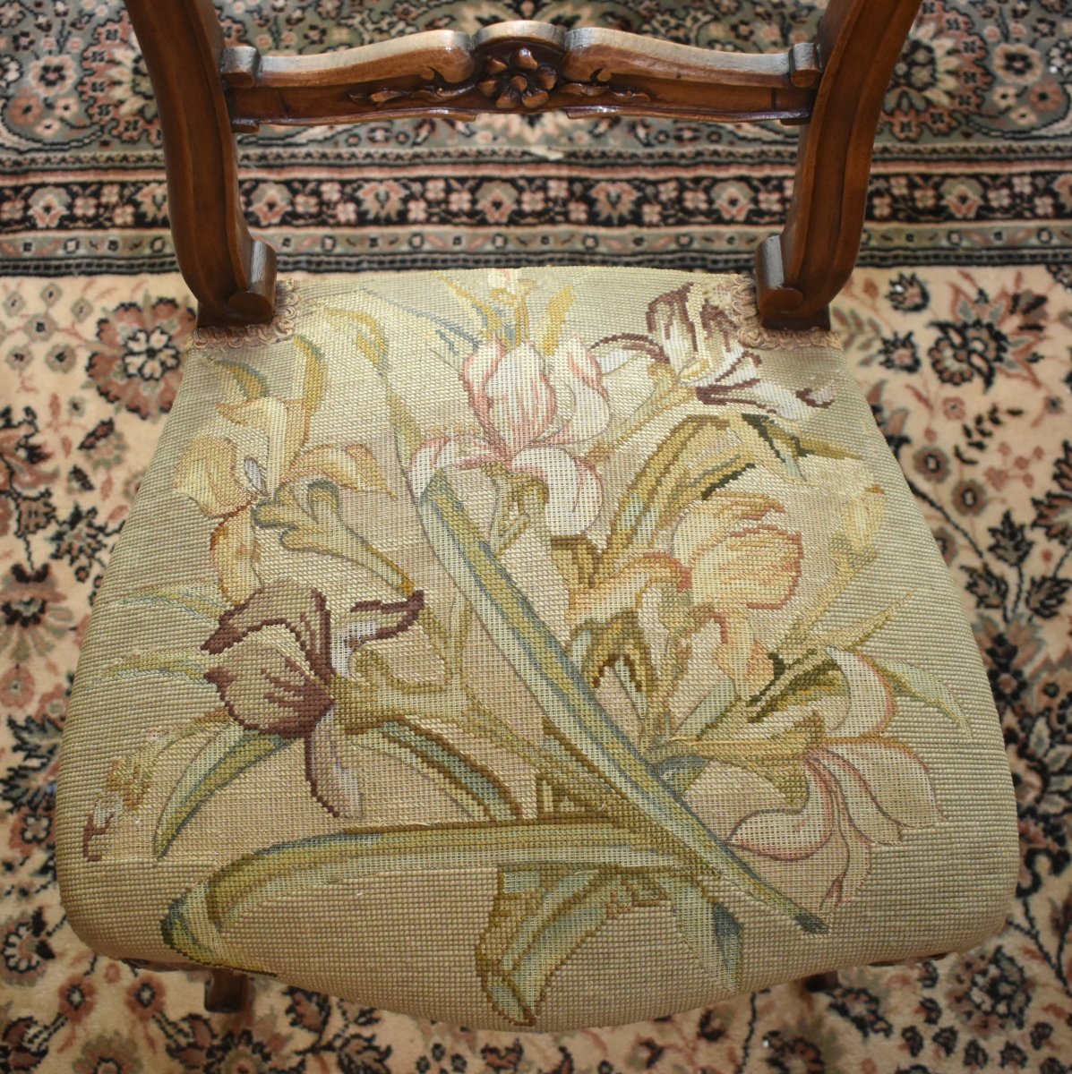 Chaise de Style Louis XV en Noyer , Tissu aux petits points, siège de salon ou chambre fin XIXe-photo-6