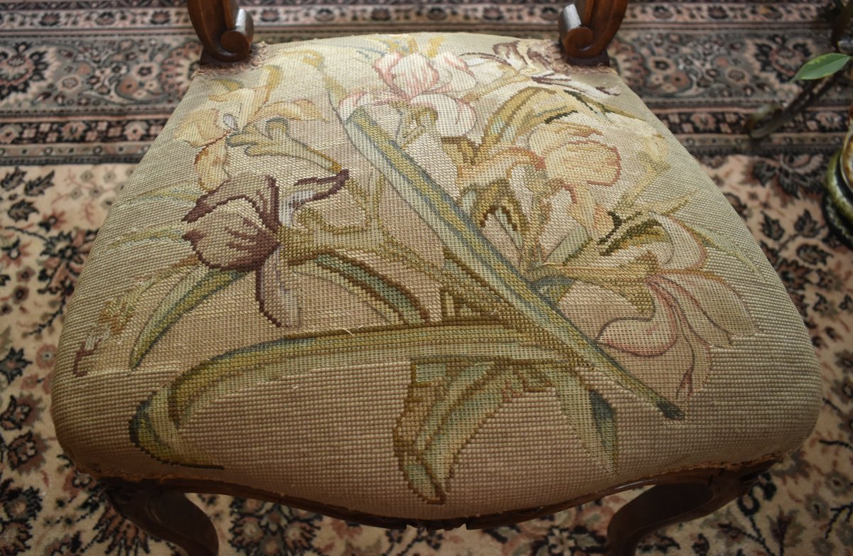 Chaise de Style Louis XV en Noyer , Tissu aux petits points, siège de salon ou chambre fin XIXe-photo-7