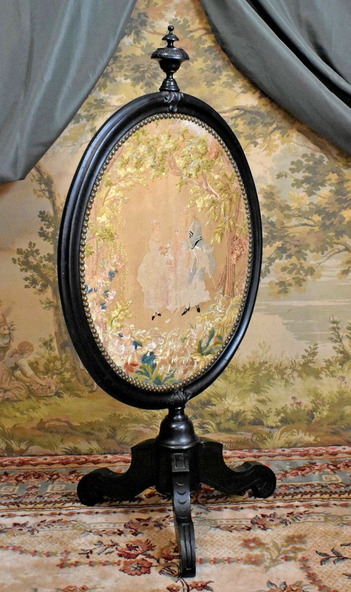 Napoleon III-era Swiveling Medallion-shaped Fireplace Screen, Oval Fireguard, 19th Century-photo-3