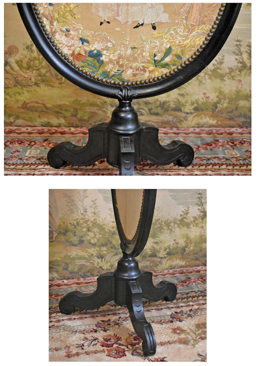 Napoleon III-era Swiveling Medallion-shaped Fireplace Screen, Oval Fireguard, 19th Century-photo-4