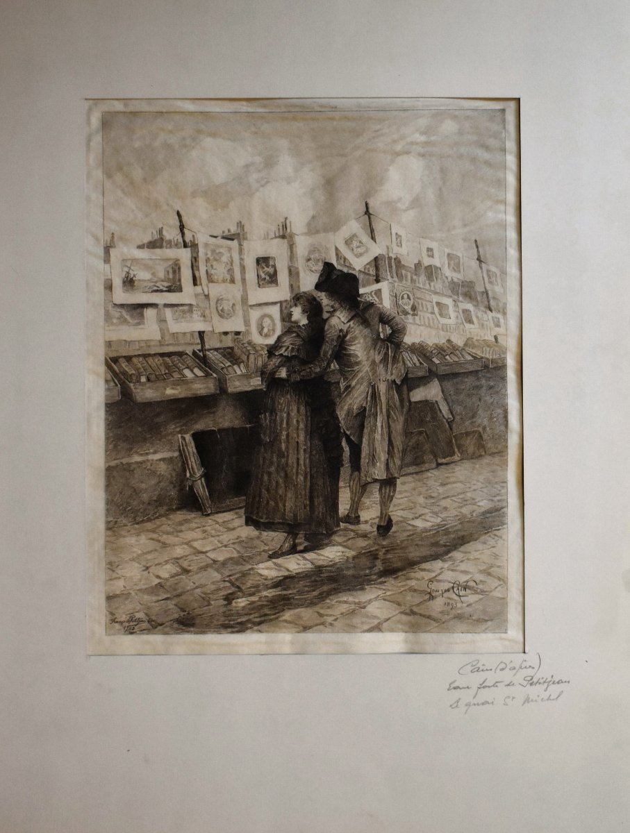 Gravure de Petitjean d'Après Georges Cain , couple  devant les Bouquinistes sur quais de Seine-photo-2