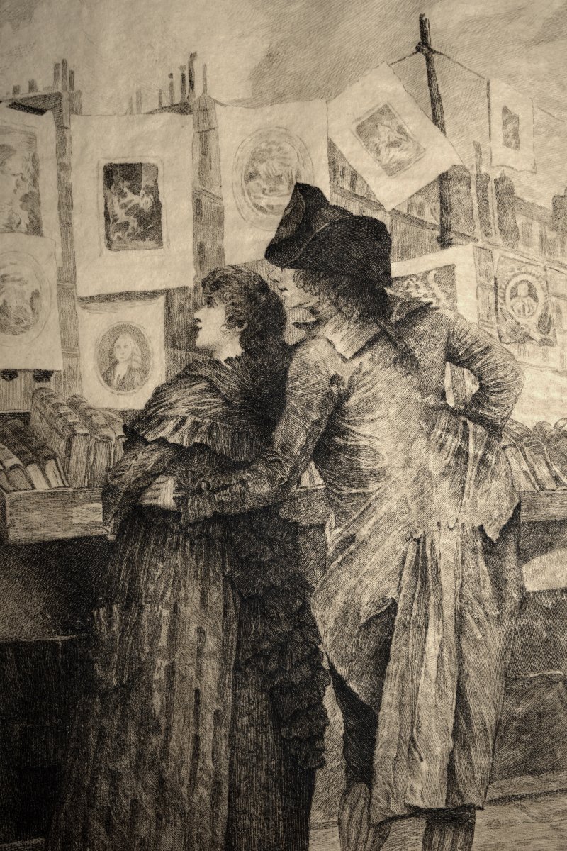 Gravure de Petitjean d'Après Georges Cain , couple  devant les Bouquinistes sur quais de Seine-photo-3