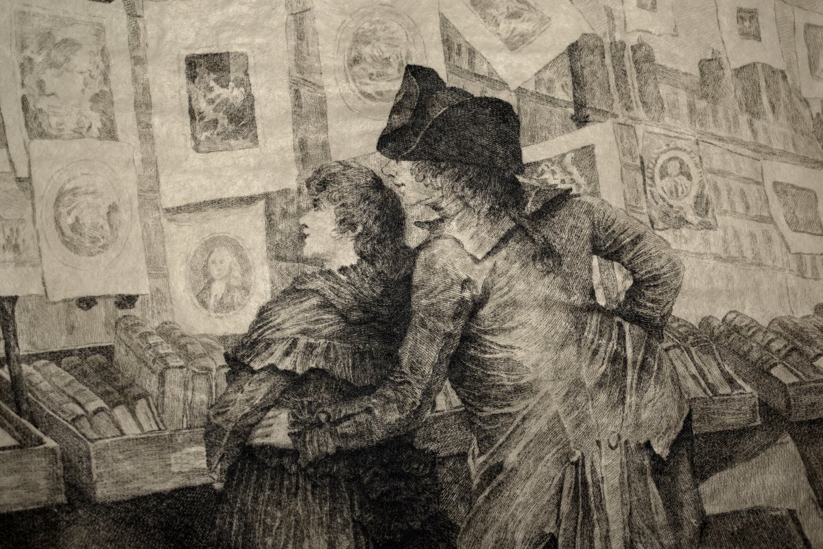 Gravure de Petitjean d'Après Georges Cain , couple  devant les Bouquinistes sur quais de Seine-photo-4