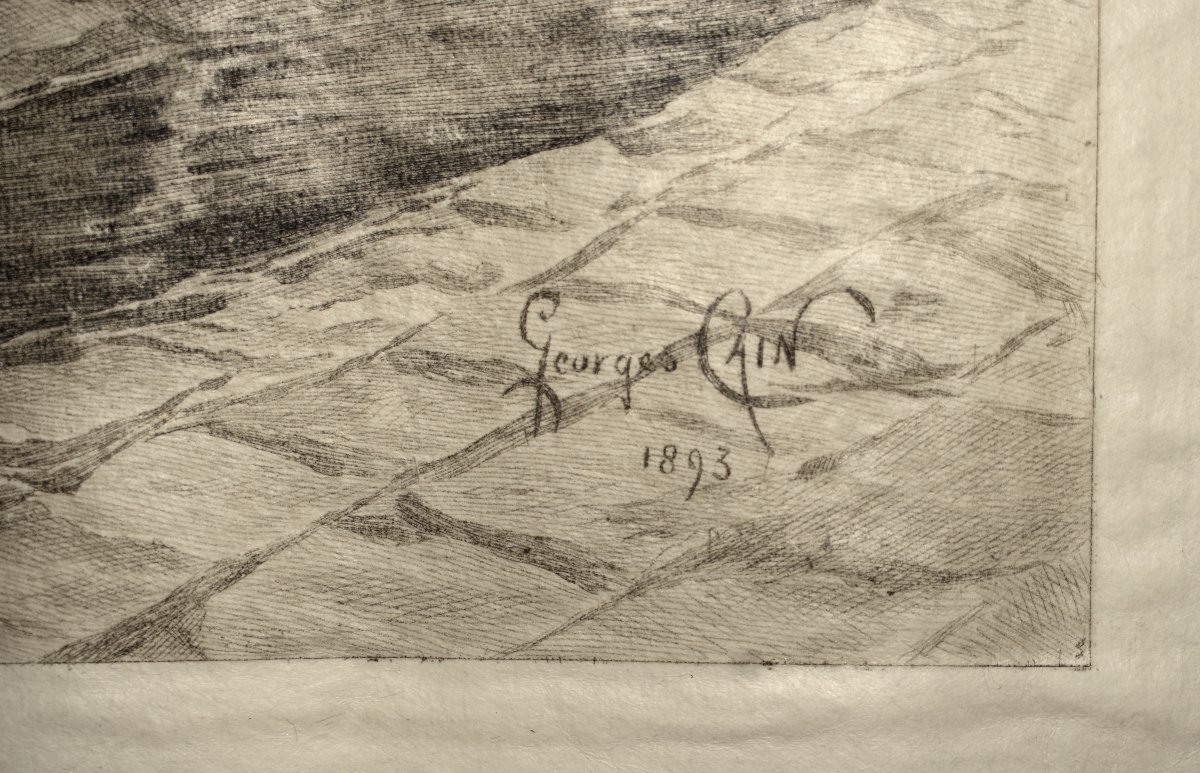 Gravure de Petitjean d'Après Georges Cain , couple  devant les Bouquinistes sur quais de Seine-photo-2