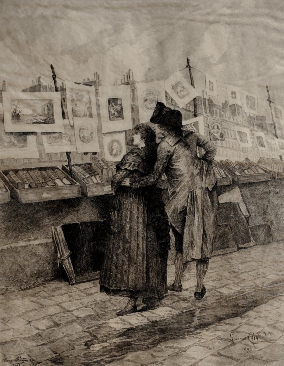 Gravure de Petitjean d'Après Georges Cain , couple  devant les Bouquinistes sur quais de Seine