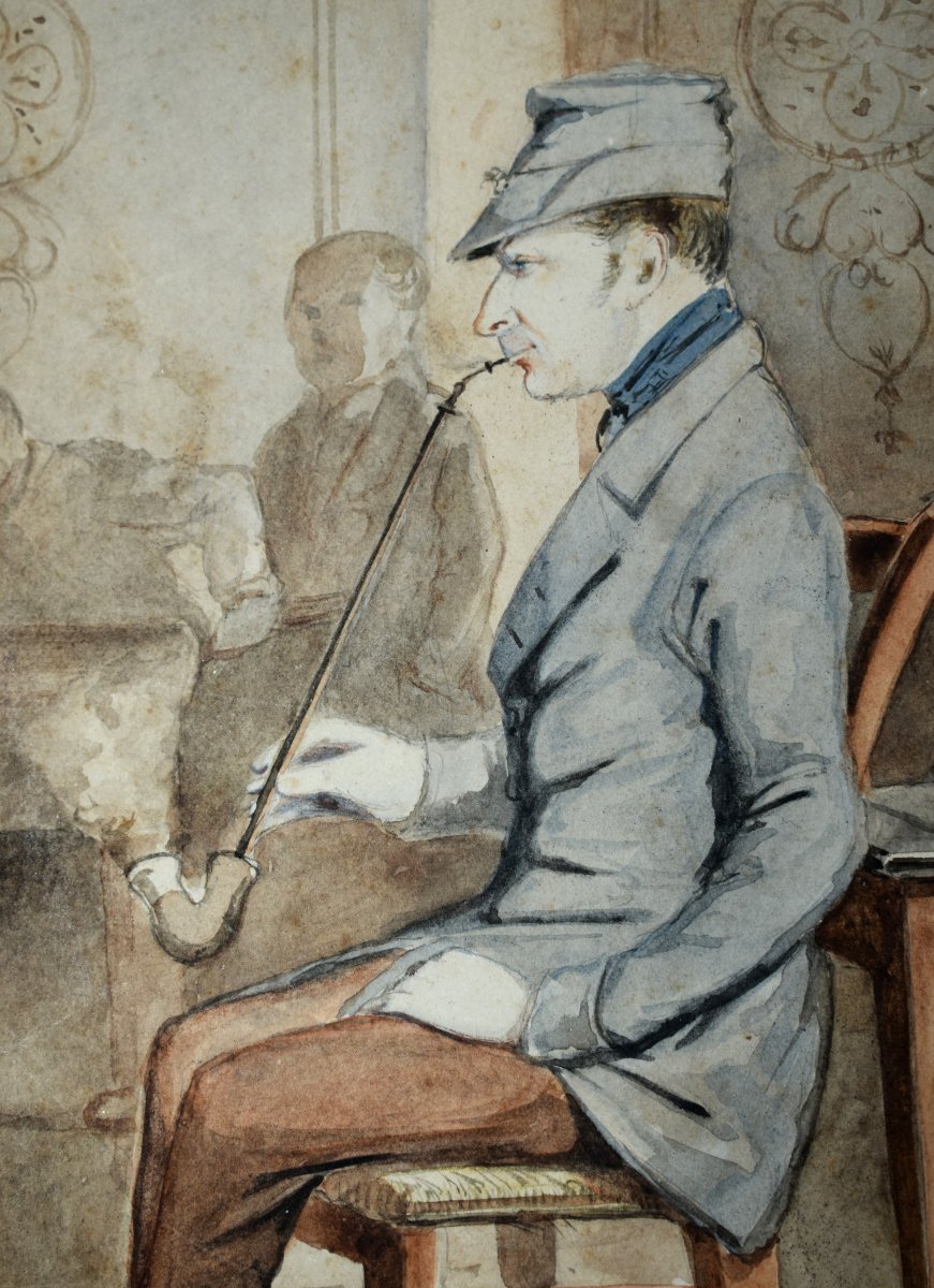 Aquarelle , Fumeur De Pipe, Scène Animée  , Homme De Qualité Fumant La pipe-photo-3