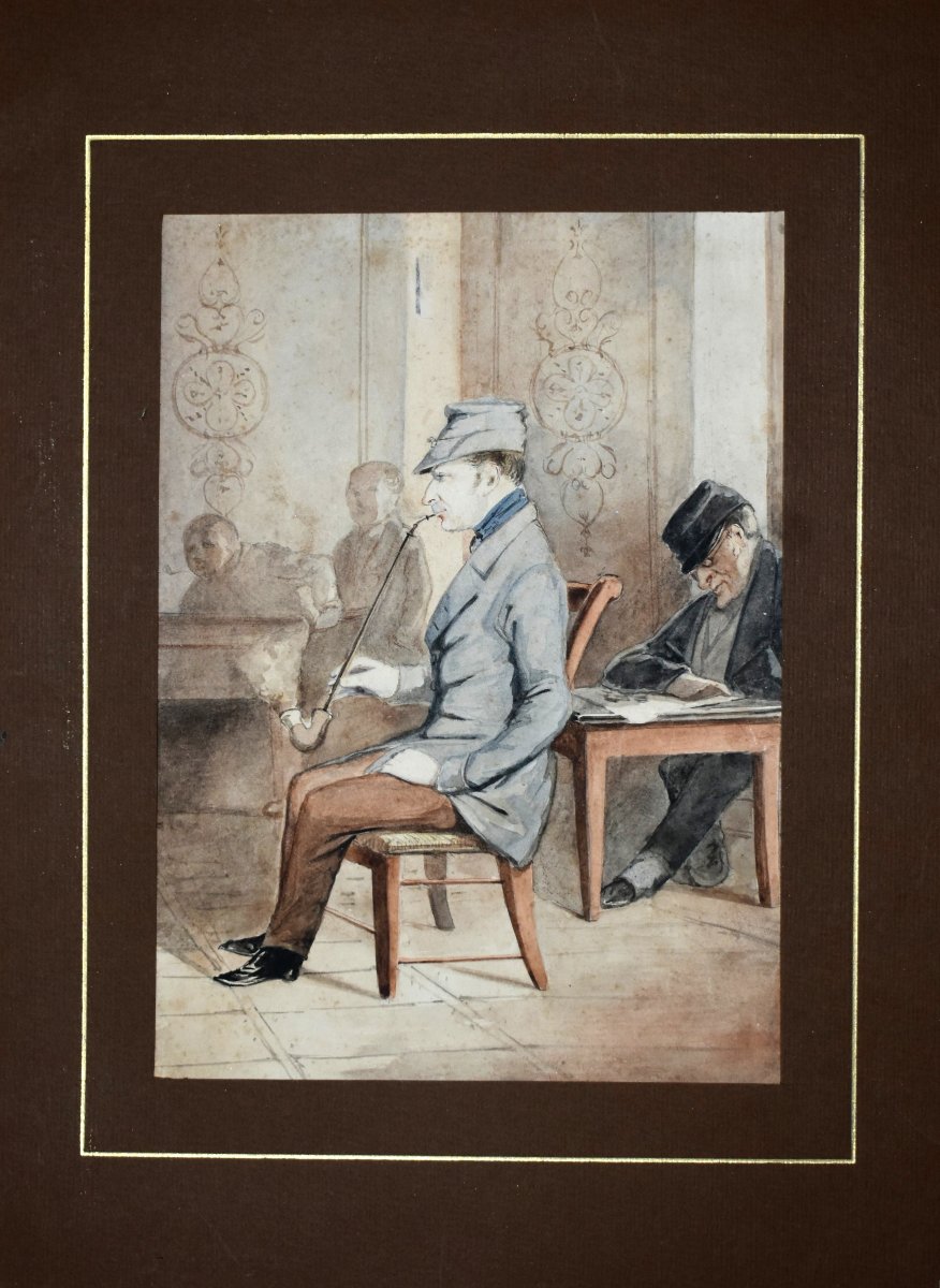 Aquarelle , Fumeur De Pipe, Scène Animée  , Homme De Qualité Fumant La pipe-photo-2