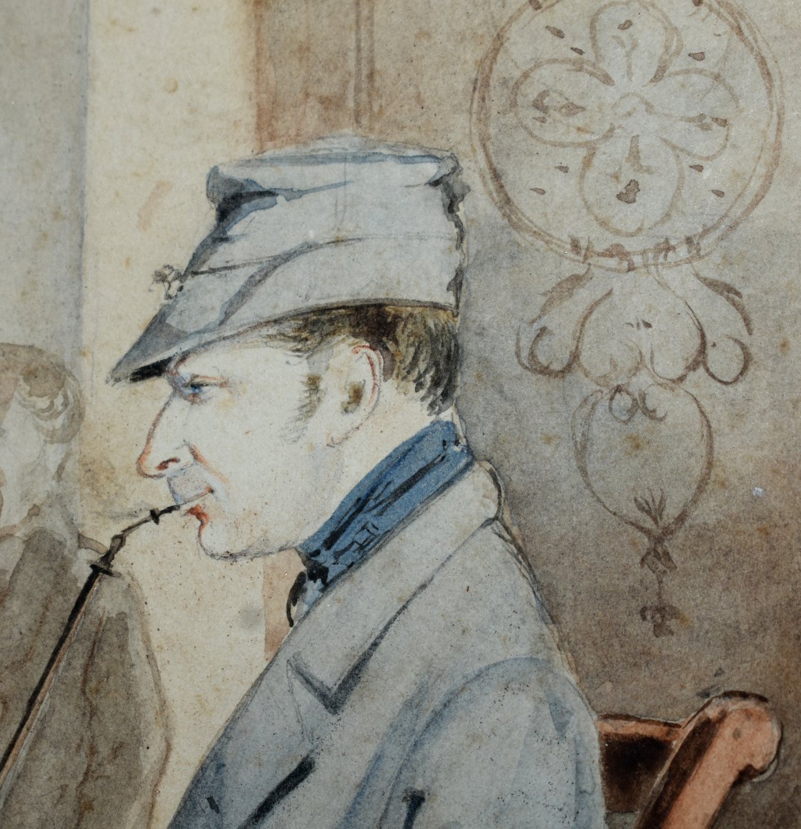 Aquarelle , Fumeur De Pipe, Scène Animée  , Homme De Qualité Fumant La pipe-photo-1