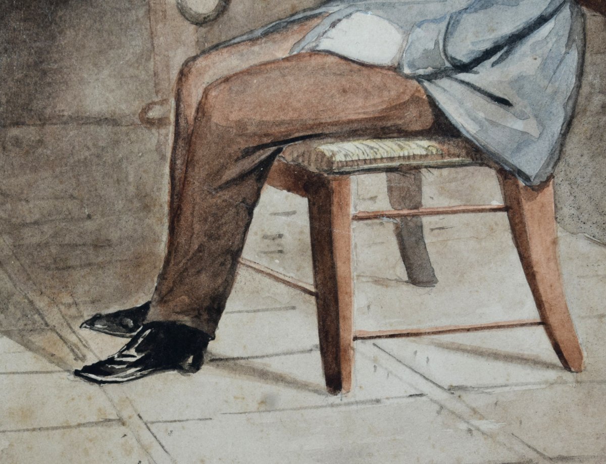 Aquarelle , Fumeur De Pipe, Scène Animée  , Homme De Qualité Fumant La pipe-photo-2