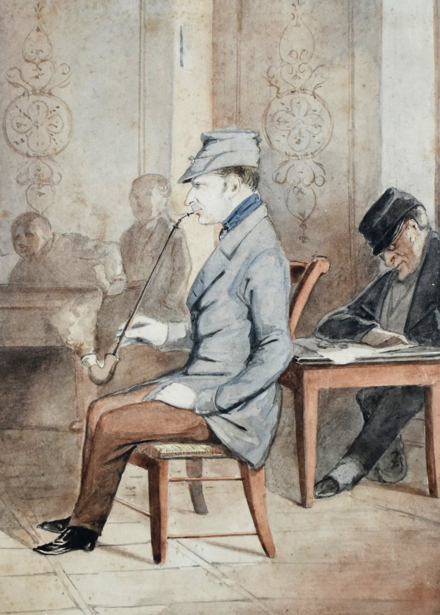 Aquarelle , Fumeur De Pipe, Scène Animée  , Homme De Qualité Fumant La pipe