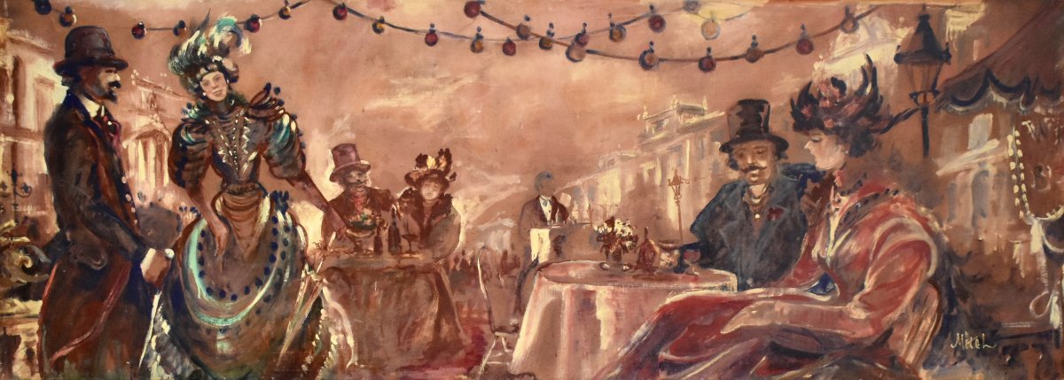 Très Important tableau, fresque d'une scène animée de la vie  Parisienne en 1900, signée  Mitch-photo-2