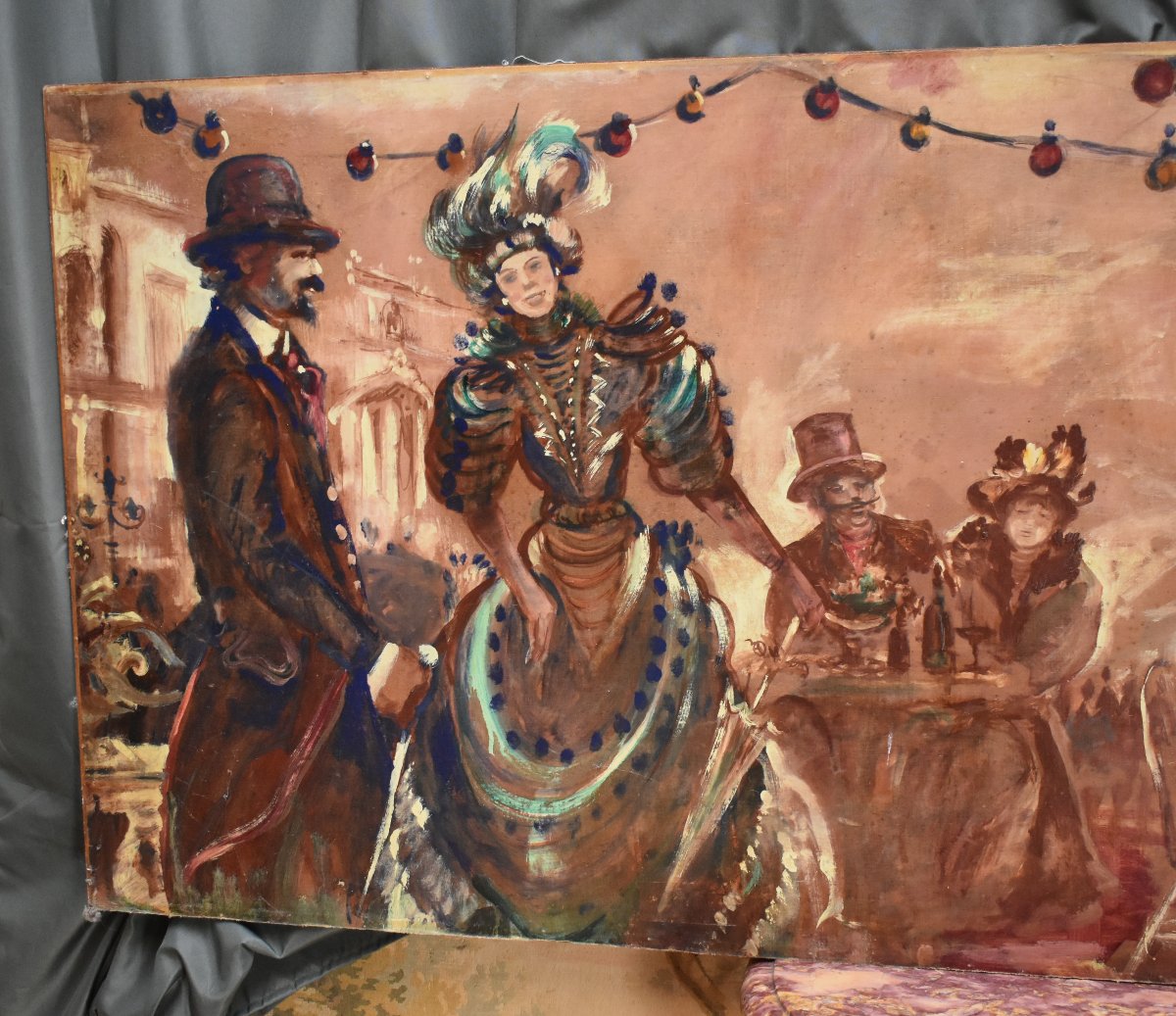 Très Important tableau, fresque d'une scène animée de la vie  Parisienne en 1900, signée  Mitch-photo-3