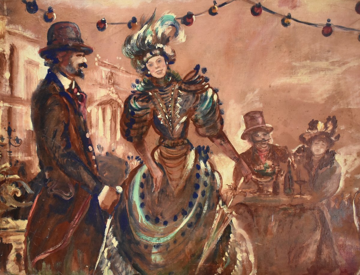 Très Important tableau, fresque d'une scène animée de la vie  Parisienne en 1900, signée  Mitch-photo-4
