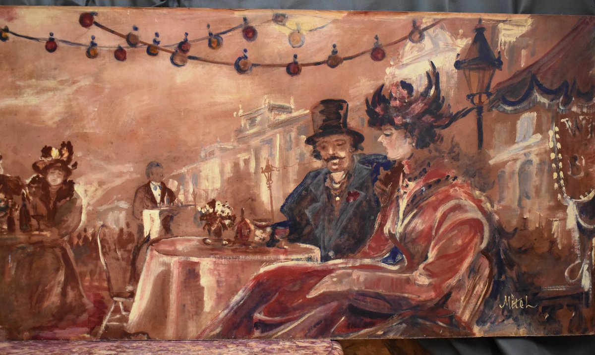 Très Important tableau, fresque d'une scène animée de la vie  Parisienne en 1900, signée  Mitch-photo-2