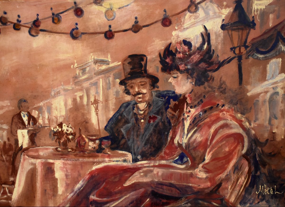 Très Important tableau, fresque d'une scène animée de la vie  Parisienne en 1900, signée  Mitch-photo-3