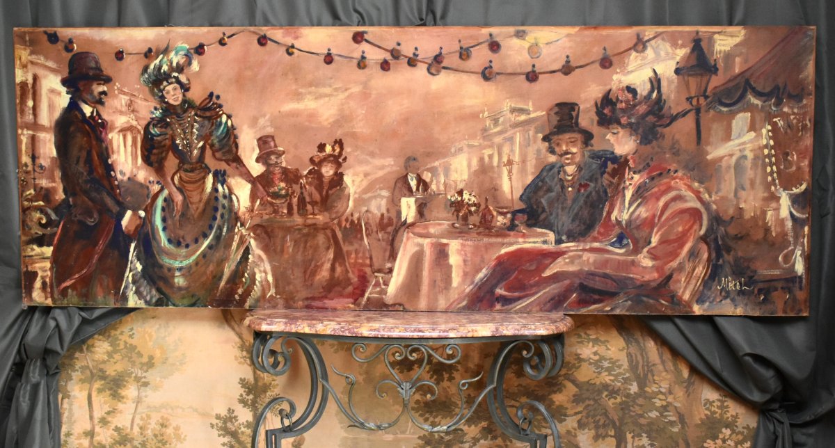 Très Important tableau, fresque d'une scène animée de la vie  Parisienne en 1900, signée  Mitch
