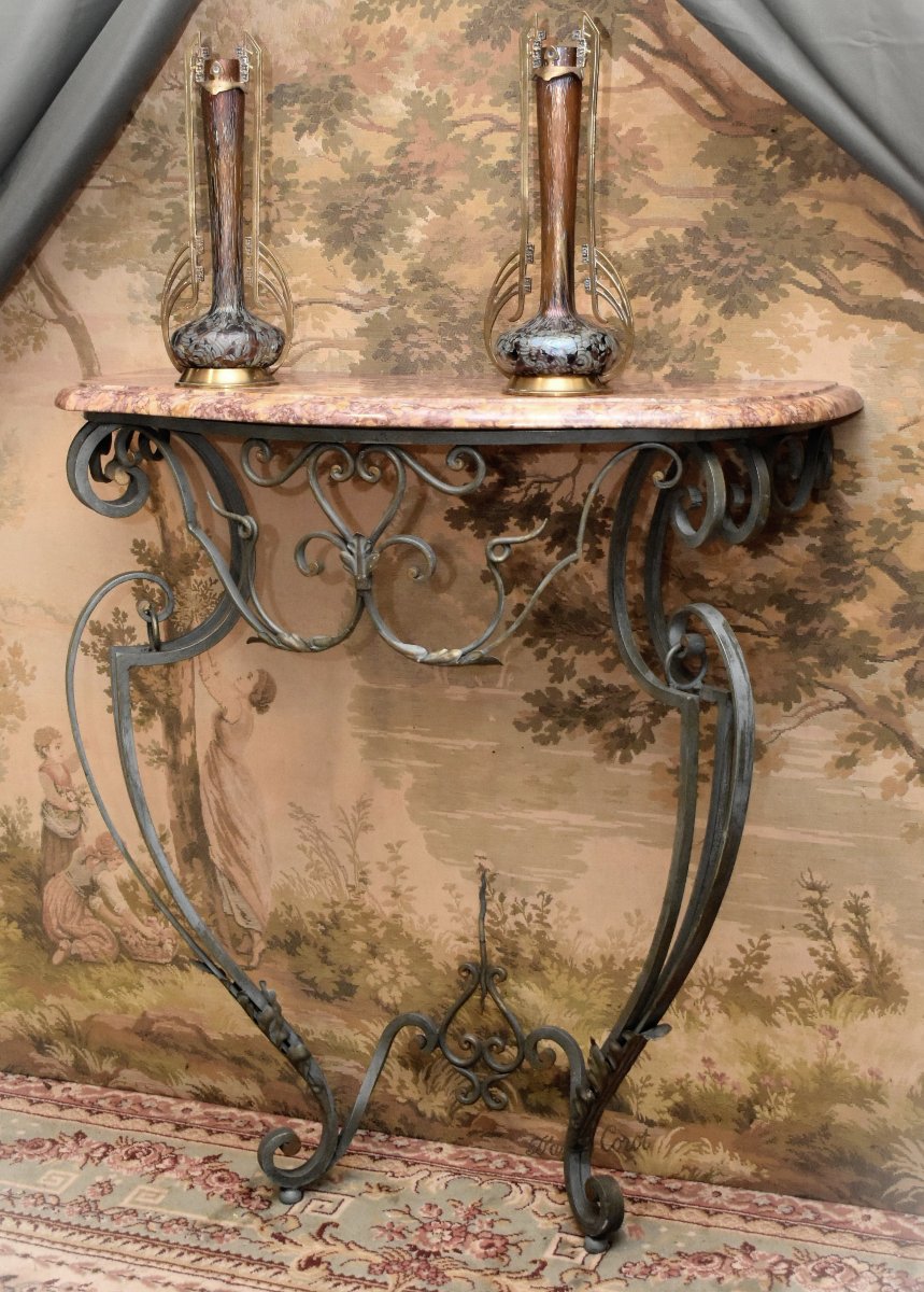 Console en fer forgé  et laqué , de style Louis XV avec dessus marbre-photo-2