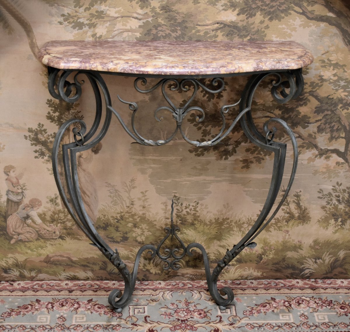 Console en fer forgé  et laqué , de style Louis XV avec dessus marbre-photo-3
