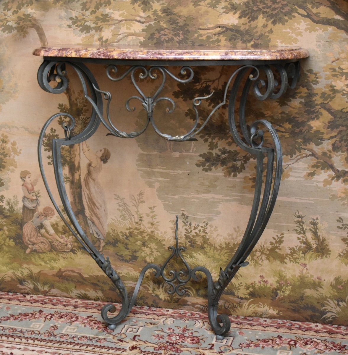 Console en fer forgé  et laqué , de style Louis XV avec dessus marbre-photo-4