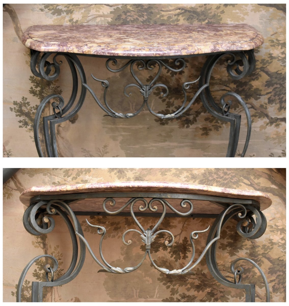Console en fer forgé  et laqué , de style Louis XV avec dessus marbre-photo-1