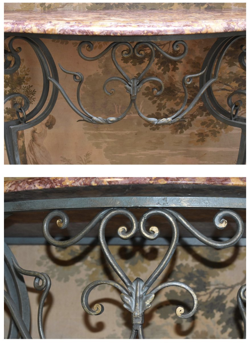 Console en fer forgé  et laqué , de style Louis XV avec dessus marbre-photo-2