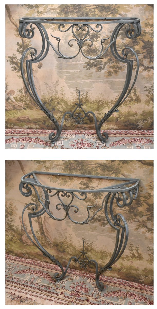 Console en fer forgé  et laqué , de style Louis XV avec dessus marbre-photo-6
