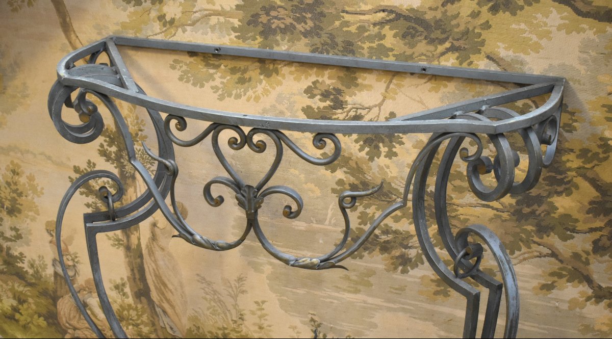 Console en fer forgé  et laqué , de style Louis XV avec dessus marbre-photo-7