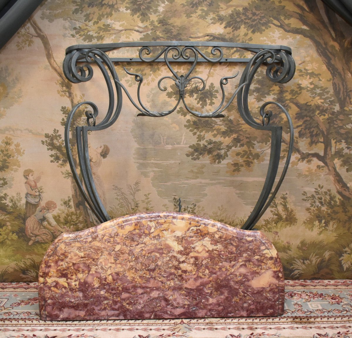 Console en fer forgé  et laqué , de style Louis XV avec dessus marbre-photo-8