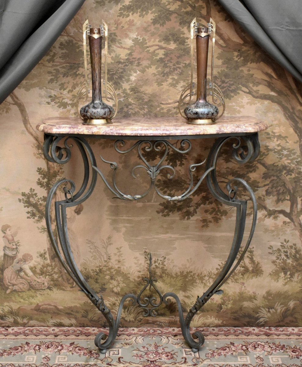 Console en fer forgé  et laqué , de style Louis XV avec dessus marbre